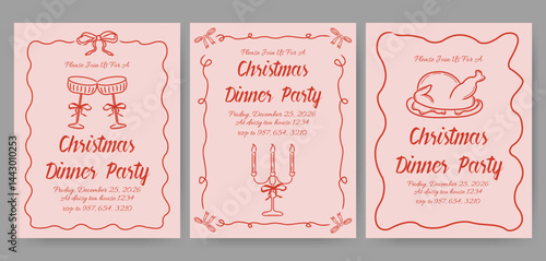 Christmas dinner party invitation card with hand drawn coquette frame and glasses for festive dinners, cocktail parties and holiday gatherings.	