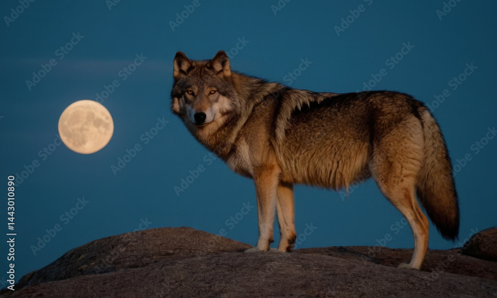A wolf stands atop a rock under the glow of a full moon