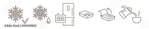 Ready to eat food package line icons іsolated on transparent background. Defrost of meal icons, сanned food, image of opening instructions. Icon of the date of storage, freezing, snowflake icons.