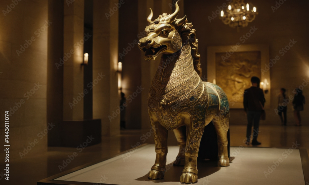 A golden statue of a bull in a museum setting, ideal for use in historical or cultural context