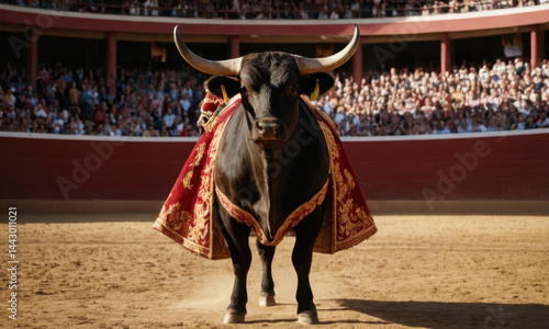 A majestic bull stands confidently in front of an enthusiastic crowd, donning a bold red cape