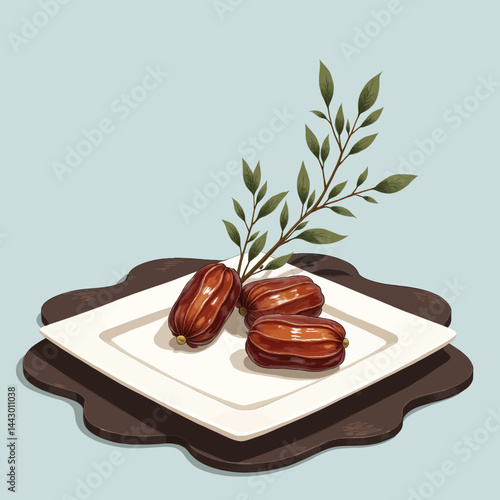 Three Dates with Green Sprig on White Plate