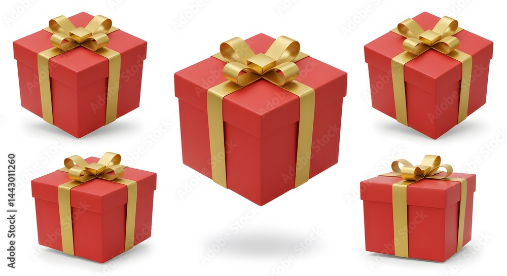 Ai image set of five red gift boxes wrapped with elegant golden ribbons and bows, shown from various angles isolated. Ai image set of five red gift boxes wrapped with elegant golden ribbons and bows, shown from various angles isolated.