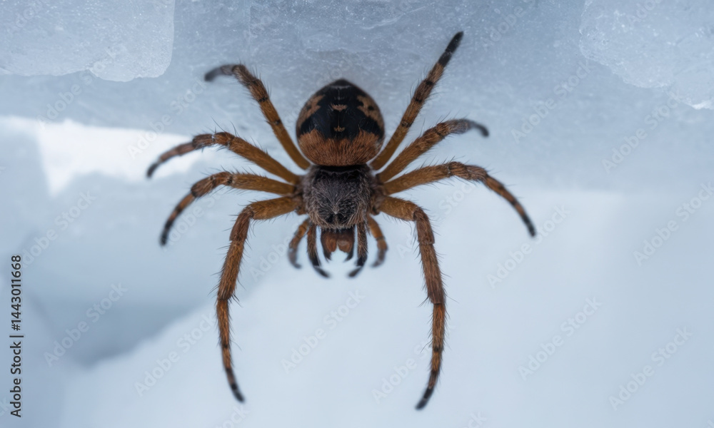 Spider sits on snowy ground, winter landscape
