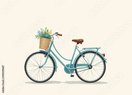 Teal Bicycle with Basket of Flowers Illustration