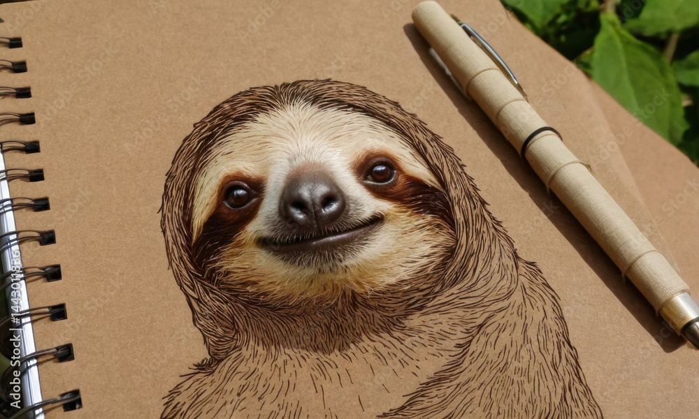 A sloth sitting on a notebook with a pen, ready to create