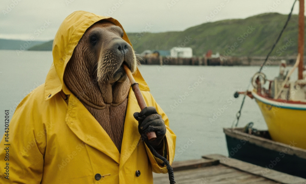 A person wearing a bright yellow raincoat stands beside a small boat on the water's edge