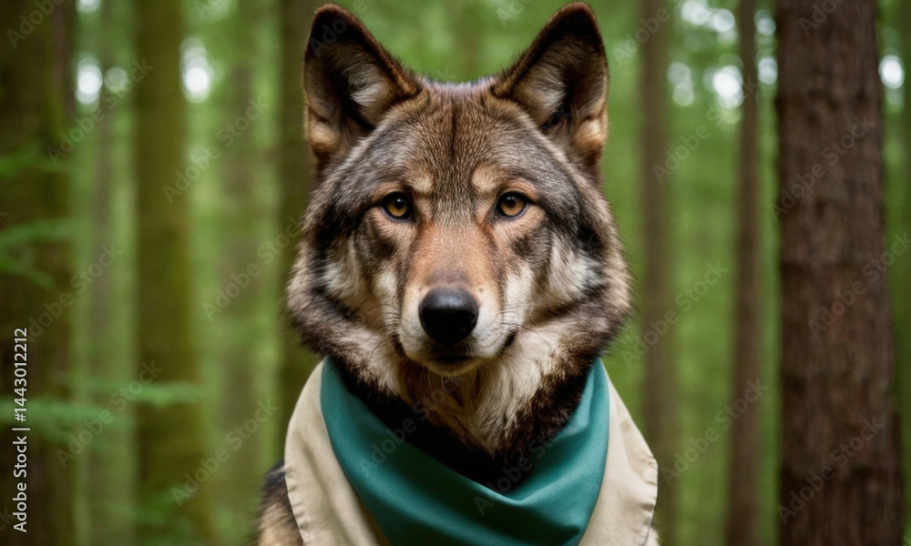 Fototapeta premium Close-up photo of a wolf wearing a scarf, perfect for use in wildlife or fashion designs
