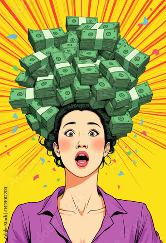 Surprised woman with money on head, pop art style