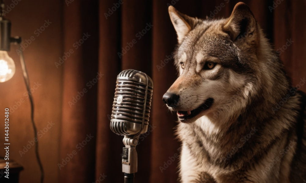 A close-up shot of a dog sitting near a microphone, ready to perform