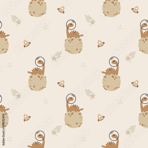 Dinosaur on the moon cartoon so cue. On metro rocket background. Pattern seamless vector illustration. 