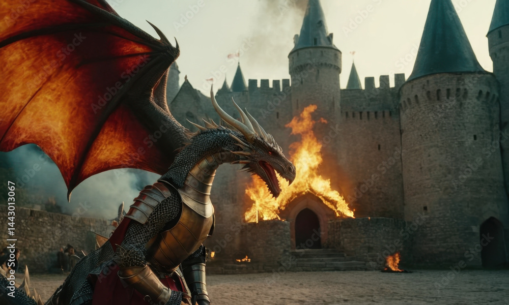A dragon with flames in its mouth stands near a medieval-style castle