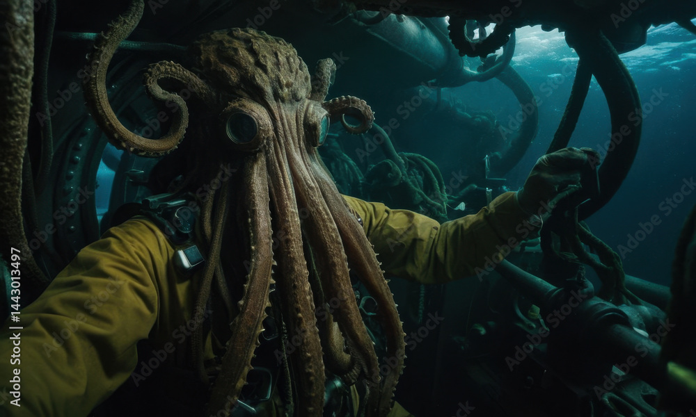 A person holding a large octopus in a yellow life jacket, possibly for underwater exploration or education