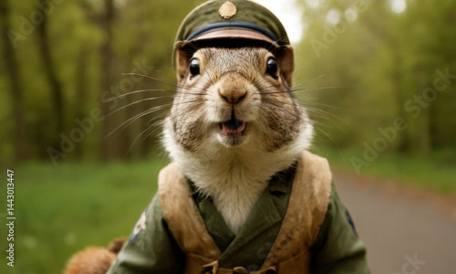 A small squirrel wearing a miniature military uniform and hat, sitting on its hind legs