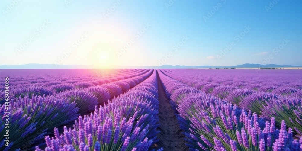 Fototapeta premium Serene Lavender Field at Sunrise, Rows of Purple Blossoms Extending to a Distant Horizon Under a Clear Sky