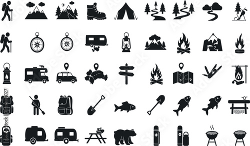 Camping, outdoor adventure icon set. Vector glyph pictograms of eco-tourism, tent, backpack, campfire, compass, kayak, hiking, travel