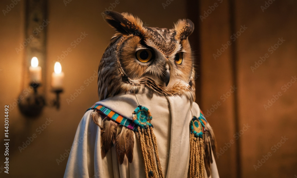 Native-inspired owl holding a candle, great for mystical or cultural themes