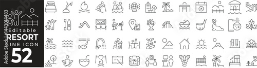Resort Thin Line Icon Set. Vacation, Accommodation, Luxury, Travel, and More. Vector Illustration.