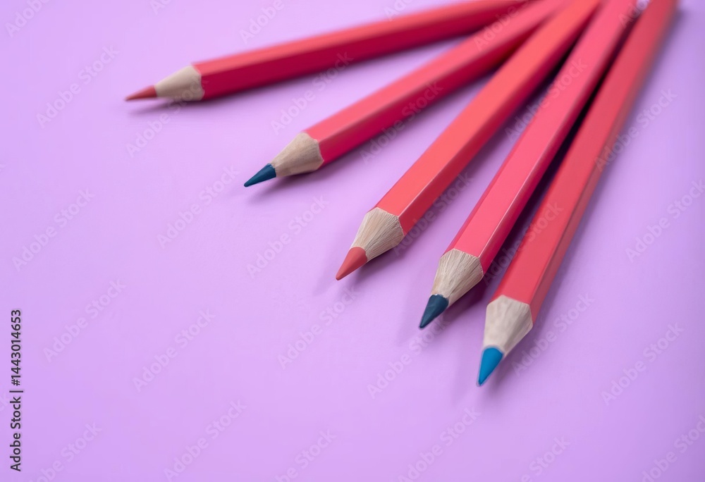 Five sharpened pencils arranged on lilac background, shallow depth of field, copy space, sharp, objects