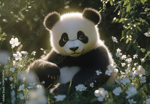 Adorable Baby Panda Surrounded By Blooming Flowers In Soft Sunlight