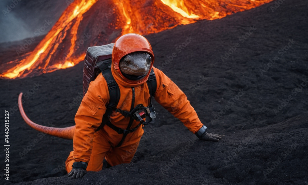 A person in an orange jumpsuit ascends a hill