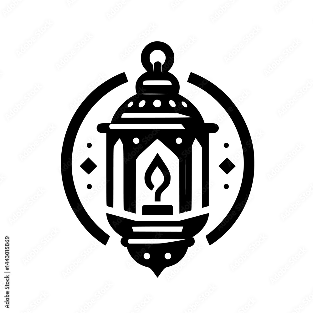 Minimalist Black Islamic Lantern Icon with Flame and Circular Detail Minimalist Black Islamic Lantern Icon with Flame and Circular Detail