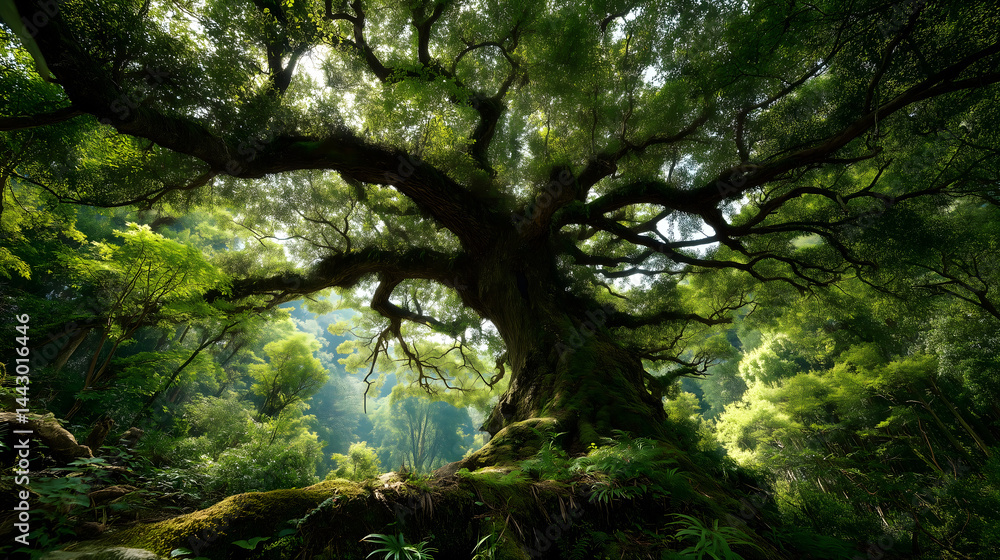Fototapeta premium Majestic Tree with Sprawling Branches in Lush Forest, Symbolizing Strength and Nature's Beauty