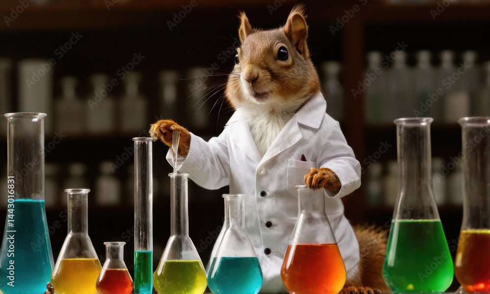 A curious squirrel wearing a lab coat and standing in front of a row of test tubes