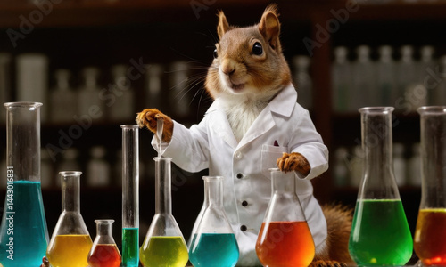 A curious squirrel wearing a lab coat and standing in front of a row of test tubes