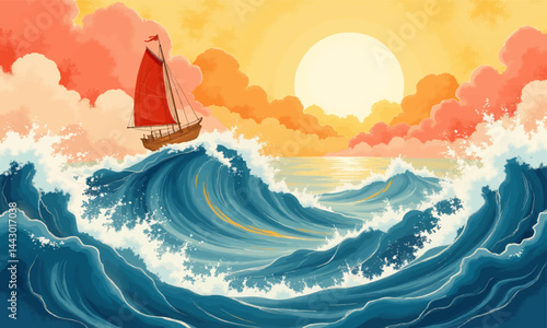 Red Sailboat on Blue Waves at Sunset Painting