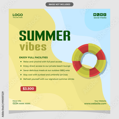 Elegant summer vibes social media banner template with beach and sea background