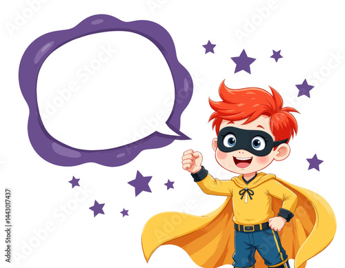 Red-haired boy superhero with speech bubble and stars