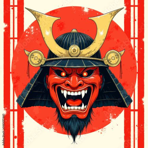 Red Oni Samurai Mask with Golden Horns and Beard
