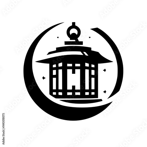 Serene Night Symbol - Japanese Lantern with Crescent Moon and Stars Graphic Illustration