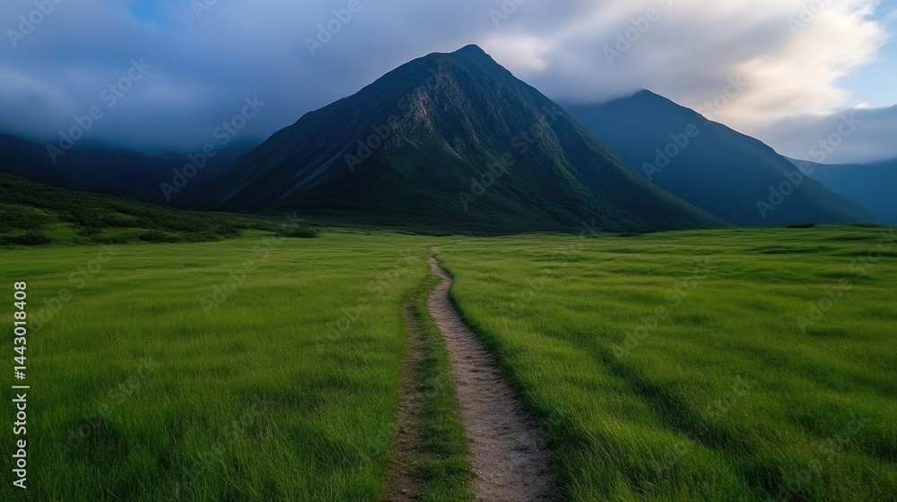 Obraz premium A winding dirt path leads through a vibrant green grassy field toward a massive mountain peak under a cloudy sky.