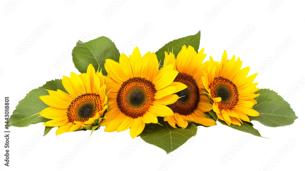 Obraz premium Radiant row of sunflowers with luminous petals and vibrant green leaves isolated on transparent canvas
