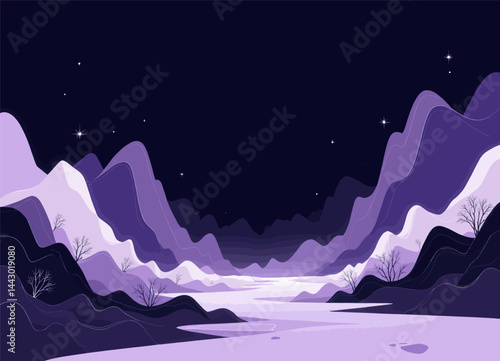 Purple Mountain Valley Under Starry Night Sky