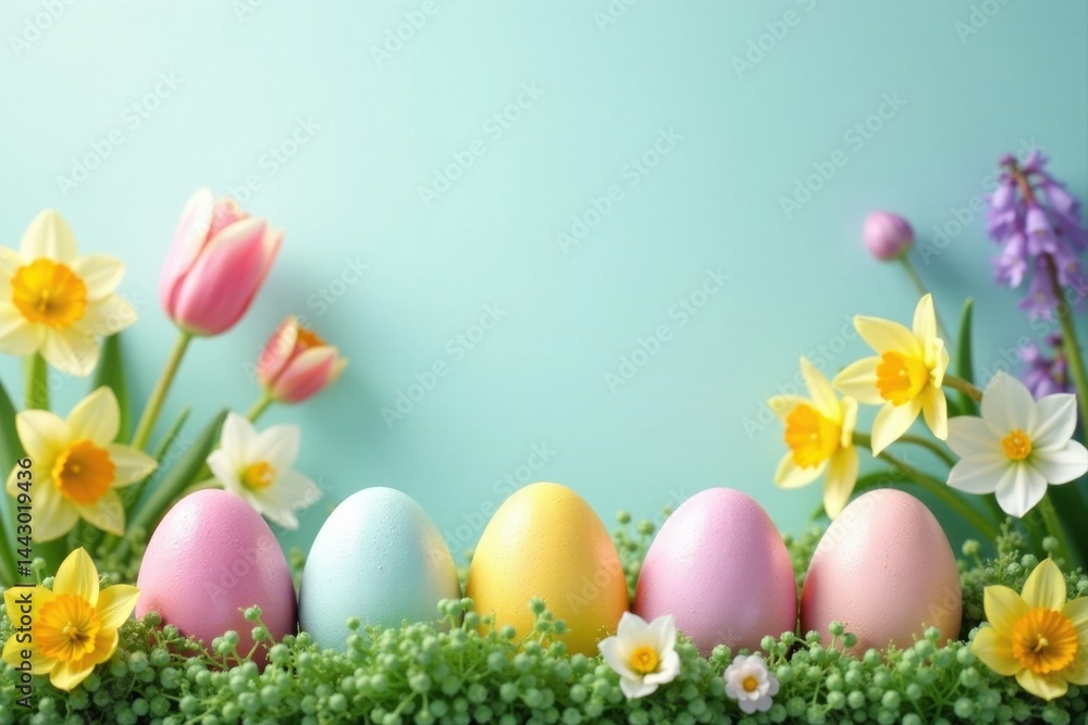 Pastel Easter Eggs nestled in Spring Blooms against a soft blue backdrop Pastel Easter Eggs nestled in Spring Blooms against a soft blue backdrop