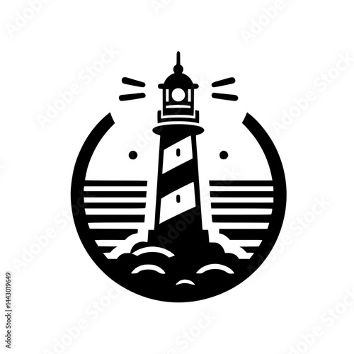 Coastal Lighthouse and Ocean Waves Graphic Icon in Black Circle - Minimalist Nautical Vector Illustration