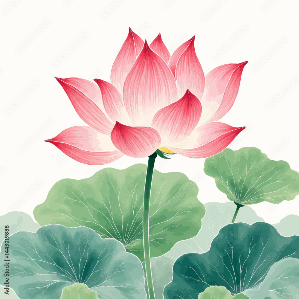 Pink Lotus Flower with Green Leaves Watercolor Style