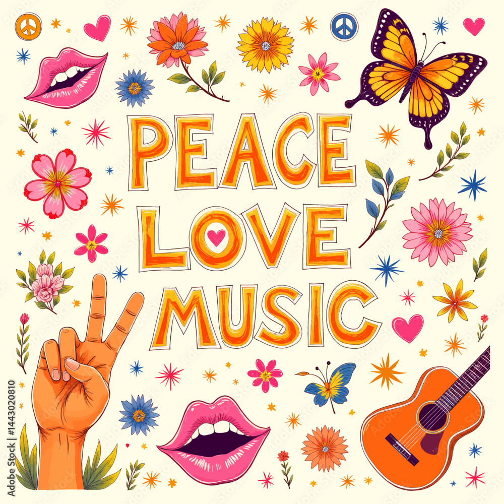 Peace Love Music Floral Graphic with Guitar and Butterflies