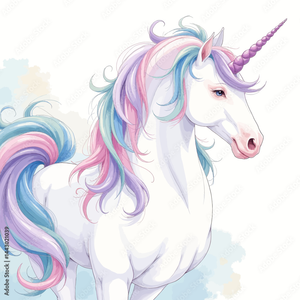 Pastel-maned unicorn with purple horn illustration