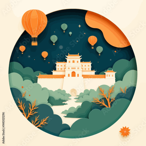 Obraz na płótnie Papercut Style Chinese Architecture with Hot Air Balloons w salonie
