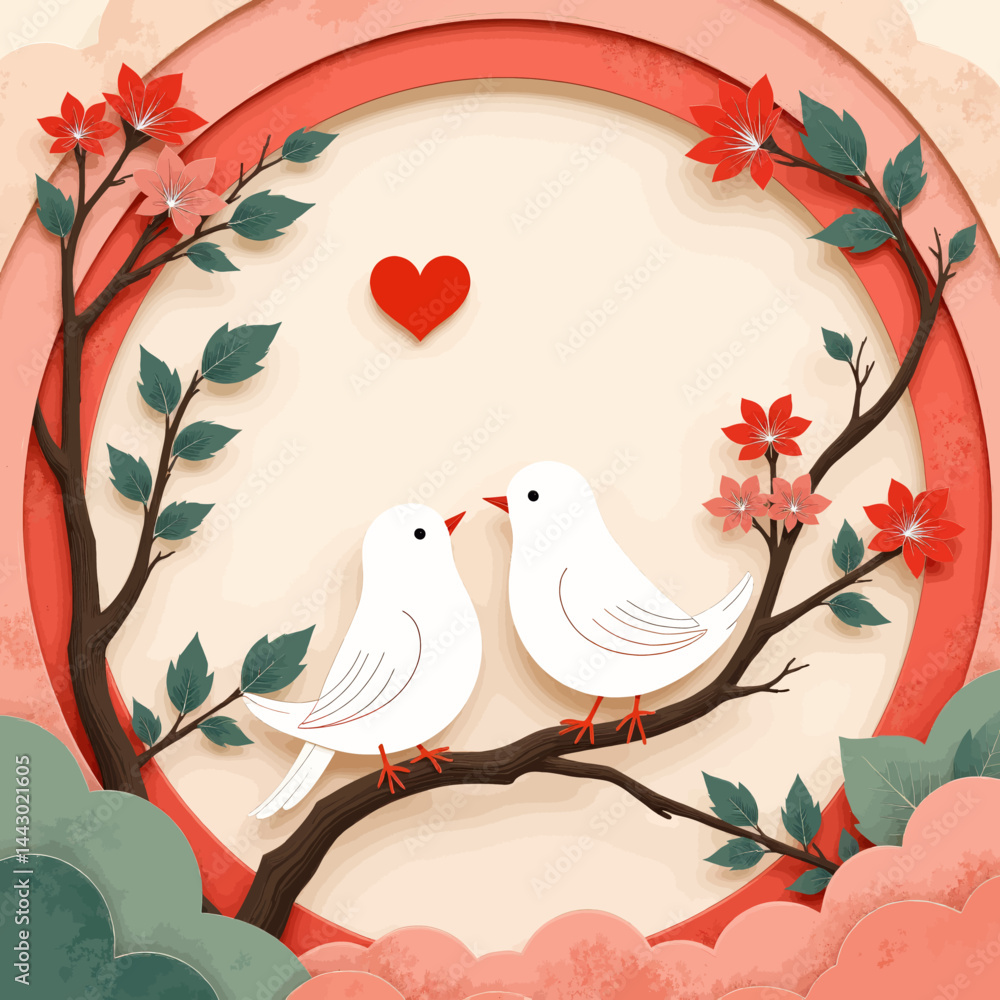 Paper art: Two white birds, branch, heart, love theme