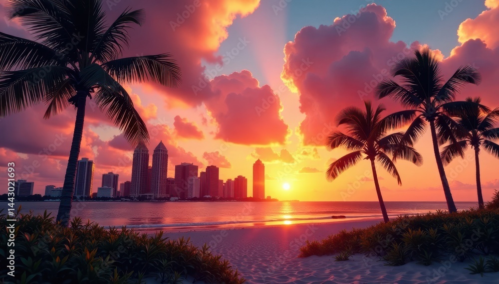 Obraz premium Sunset over West Palm Beach skyline, palm trees swaying gently, beach, cityscape
