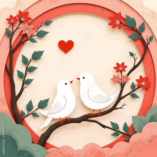 Obraz na płótnie Paper art: Two white birds, branch, heart, love theme w salonie
