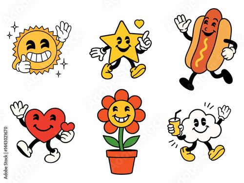 Groovy cartoon characters collection evoking the classic era of animation with sunny star and savory snacks