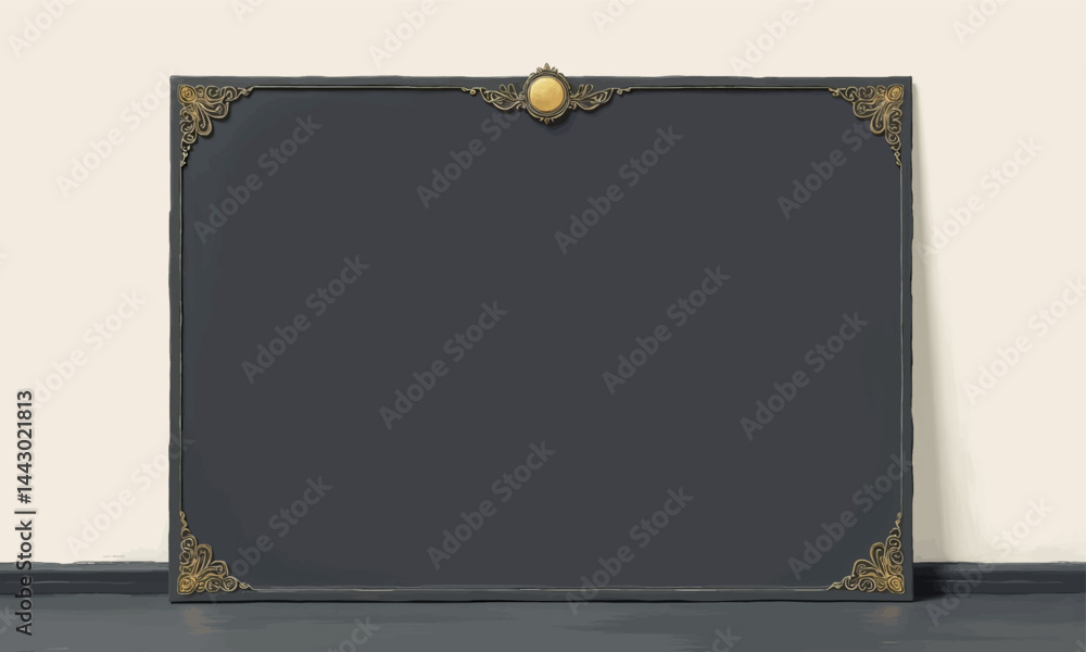 Ornate gold trim on dark gray frame against neutral wall