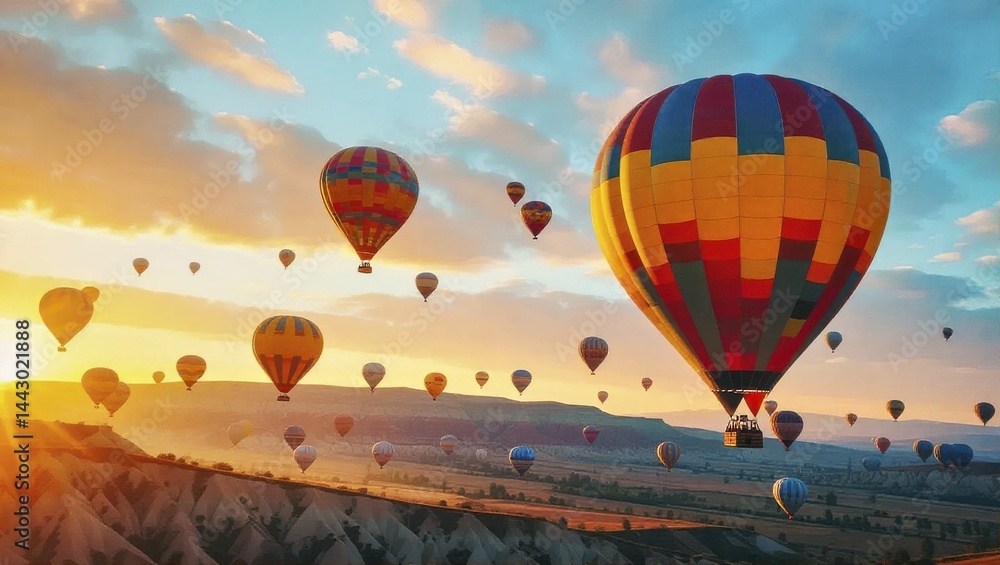 Fototapeta premium Hot air balloons float over Cappadocia at sunrise