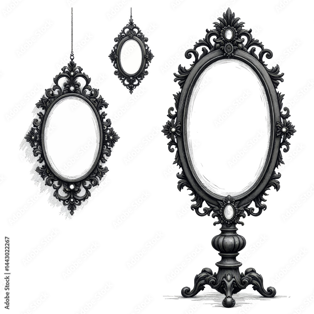 Ornate black vintage mirrors on white background
